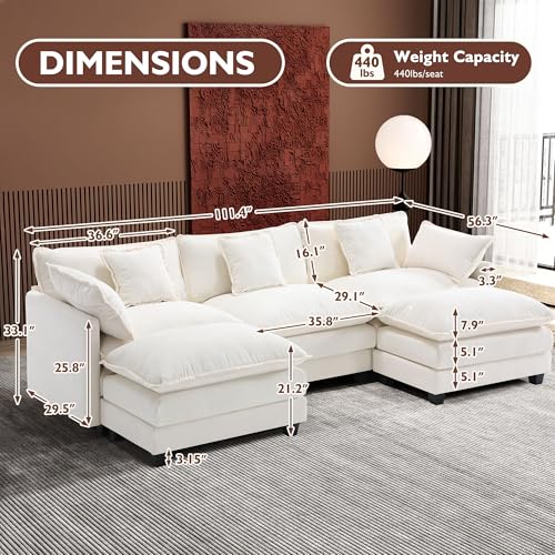 Image of Ihanherry 111.4 inch U Shaped Cloud Couch Modern Modular Sectional Sofa with 2 Ottoman, 5-Seat Chenille Deep Seat Sofa with 5 Pillows for Living Room, Bedroom and Apartment, Beige
