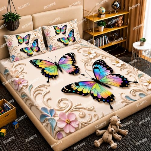 Image of RUMPS 7D Colorful Butterfly Printed Flat Bedsheet King Size 90x100 Inch with 2 Pillow Covers 16x26 Inch | Floral Microfiber Double Bedsheet | Luxury Designer Bedsheet