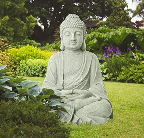 TOETOL Zen Garden Asian Buddha Statue Outdoor Indoor Yard Decor 20” High Patio Deck Sculptures Magnesium Oxide Stone Grey Home Entryway Hallway