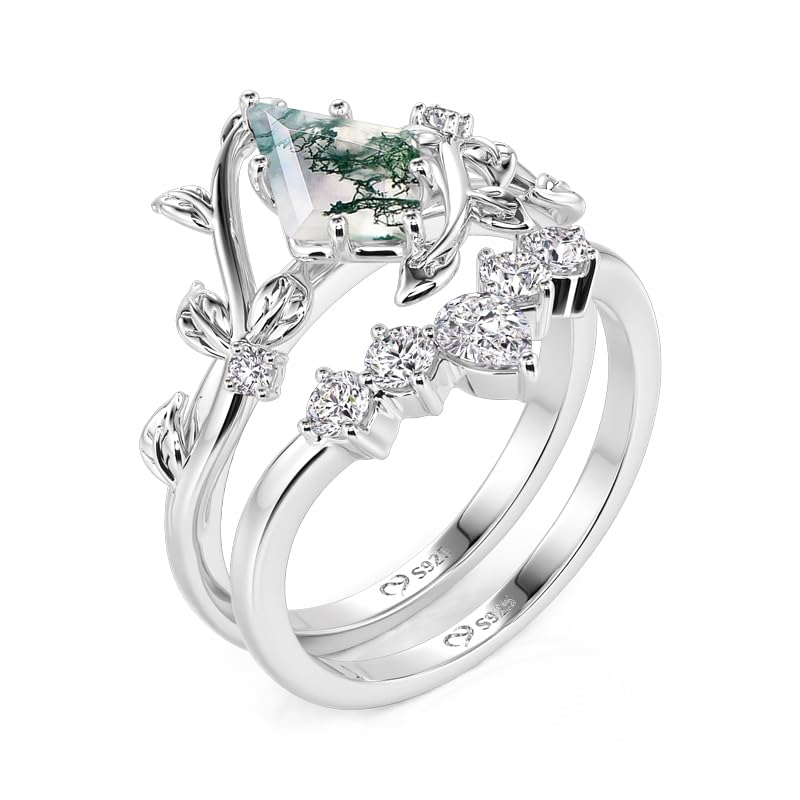 Damen Ring Set Moosachat Bandring Drachenschnitt Zirkonia Vorsteckring mit Weinblatt Fingerring Sterling Silber Stapelring Schmuckring mit Stein Silberring für Frauen