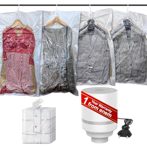 Image of enem Hanging Vacuum Bags For Clothes With Pump | Pack of 4 (2 Jumbo, 2 Large) | Travel Vacuum Bags For Clothes | Wardrobe Organizer For Storage | 1 Year Warranty from enem