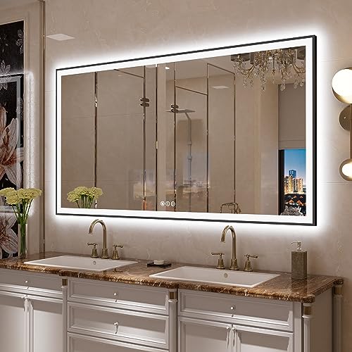 Yamazakura Large LED Bathroom Mirror 72x40 with Backlit and Front Lighted, Framed Dimmable Illuminated Mirror for Wall Anti-Fog Shatterproof (Horizontal/Vertical)