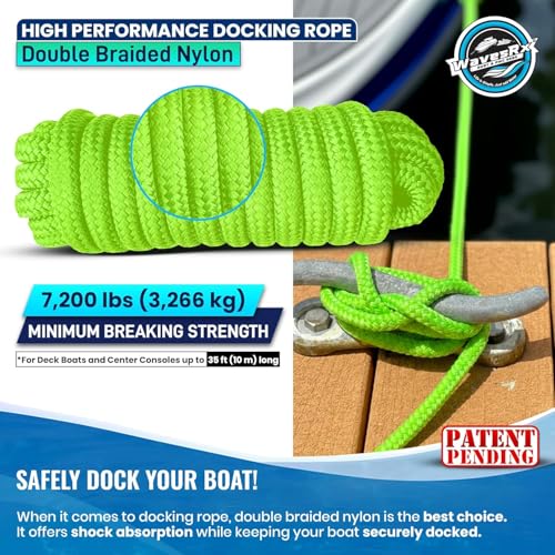 Image of Premium Nylon Boat Dock Lines & Ropes for Docking & Pontoon | Double Braided Marine Rope | Boat Ropes for Docking with Loop | UV & Saltwater Resistant Dock Rope (Neon Green, 1 /2 inch x 20')