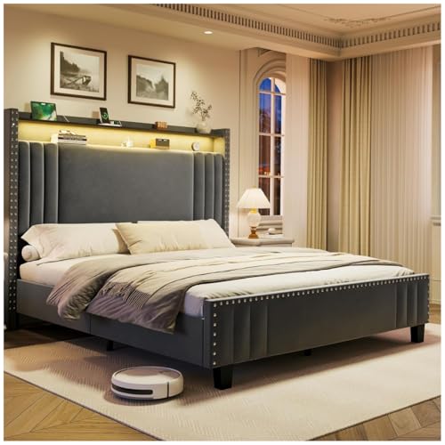 La mejor comparación de Base de Cama King Size Con Cajones de esta semana. 44 FABATO Base Cama King Size con Cabecera Alta y luz LED - Tapizado De Terciopelo King Size con Estación De Carga - Marco De Cama De Plataforma - No Se Necesita Somier - (Gris King...