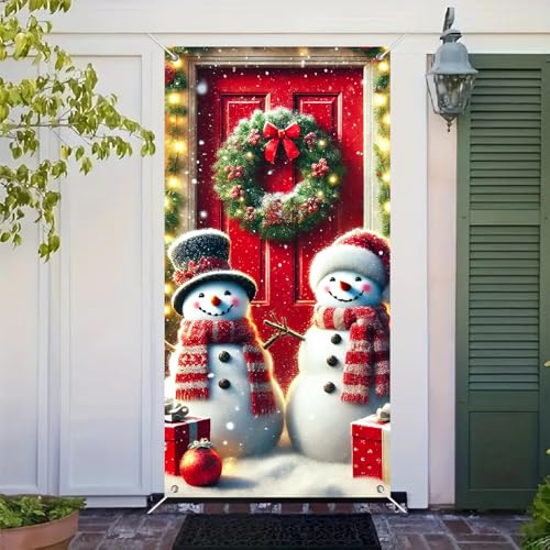 Image of BlissYard Door Cover Snowman Pair Pine Greenery 35x71 Inch Polyester | Door Banner, Wall Decor | Snowman Pair Accent, Pine Greenery Backdrop | Porch, Hallway, Party (Winter Art)