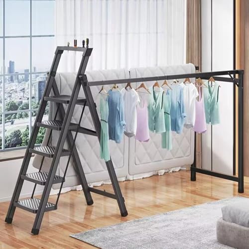 Tendedero plegable para ropa, perchero de pie con escalera, de metal elástico, con doble barra y bandeja de herramientas para dormitorio, hogar, balcón (C, 150 cm de alto)