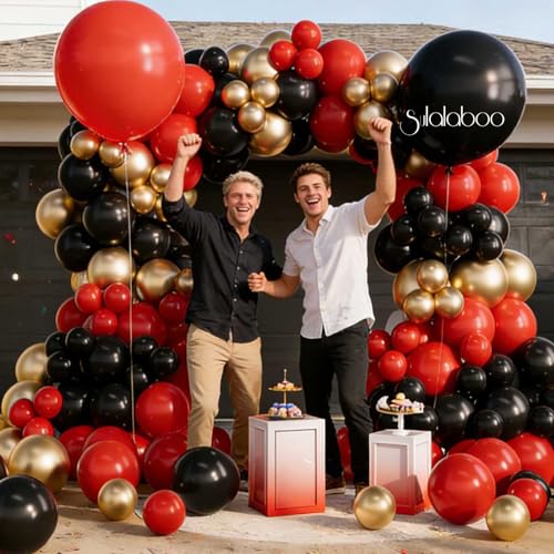 Image of Red Balloons Arch Kit 155Pcs Black Gold Metallic 18 10 5 Inch | Red Different Sizes Latex Balloon Garland for Birthday Anniversary Graduation Party Decorations