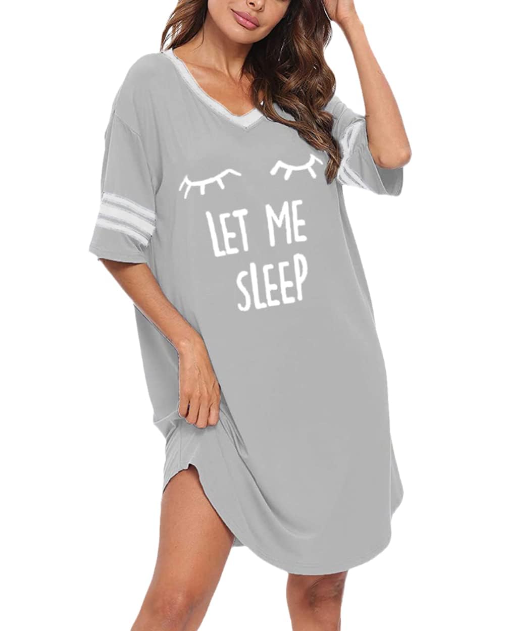 Cicy Bell Camicia da notte da donna con scollo a V, maniche corte, oversize, a righe, con stampa grafica