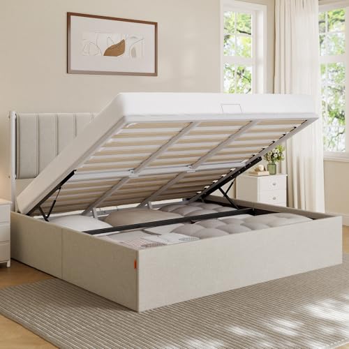 Image of VASAGLE Lift Up Storage Bed Frame, King Size, Upholstered Headboard
