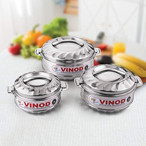 Vinod 3-Piece Insulated Casserole Food Warmer/Cooler Hot Pot Gift Set, 1000Ml+1500Ml+2500Ml, Stainless Steel #TOP6