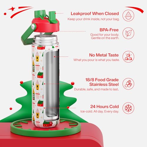 Image of ENCOOL Christmas Insulated Water Bottle with Straw, Stainless Steel Water Bottle, Leak Proof BPA-Free, Keeps Cold for 24 Hours for Sports, Christmas Holiday Gifts for Women, 26 oz, Bright Holiday