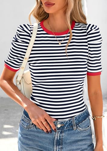 PRETTYGARDEN Women's Summer Puff Sleeve Tops Casual Ribbed Knit Crop Top Color Block Trendy Crewneck Striped Shirts3