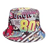 Quanhaigou Reversible Printed Bucket Hat,Summer Beach Outdoor Cap (Back to 80S)
