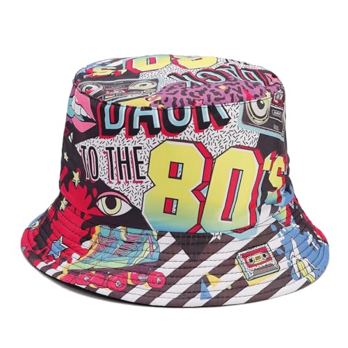 Quanhaigou Reversible Printed Bucket Hat,Summer Beach Outdoor Cap (Back to 80S)