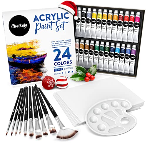 Chalkola 40 Stücke Acrylfarben Set - 24 Acryl Farben (22ml Tuben) mit 5 Leinwände (8x10), 10 Pinsel & 1 Palette | Acrylfarbe Paint Malset für Kinder, Erwachsene & Künstler Cover