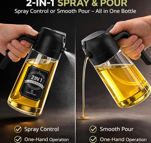 Image of PANCA Oil Sprayer Bottle for Cooking with Pour Spout | Glass Oil Dispenser 500ml 2-in-1 Spray & Pour Design | For Air Fryer, Dosa Tawa, Salad, Kitchen Cooking (Black)