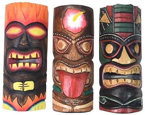 3 Tiki Masks 30cm in Hawaii Style Set of 3 Wooden Mask Wall Mask East Coast Fiji