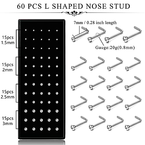 Helicopchain 60-240Pcs Hypoallergenic Nose Studs for Women Men 316L Stainless Steel CZ Nose Piercing Jewelry L Shaped Nose Rings Bone Studs Screw Piercing 20G-22G 1.5mm 2mm 2.5mm 3mm2