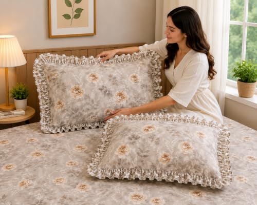Image of Fitted Bedsheet Queen Size 300 TC Soft Cotton Feel Microfiber All Around Elastic Fitted Double Bedsheet with 2 Frill Pillow Covers | Size (60x78) Beige Rose