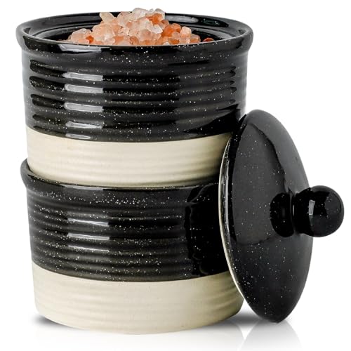 HASENSE Ceramic Salt Cellar, 9 oz Salt and Pepper Bowls with Lid for Countertop, Stacked Salt and Pepper Box Set, Black and White Farmhouse Decor Sugar Bowls, Set of 2 by HASENSE - Used condition - US$15.71