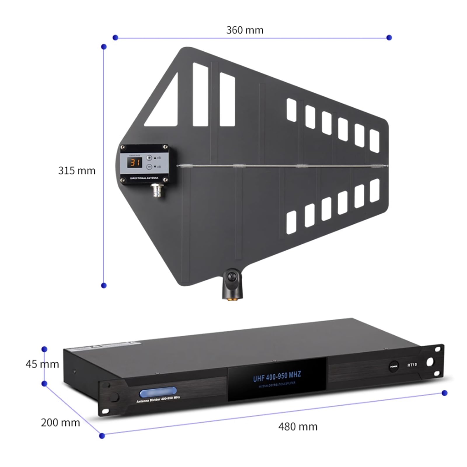Distribuzione Antenna Wireless UHF, Amplificatore Segnale Microfono a 8 Canali, Palette Antenna Attive con Regolazione del Guadagno, Copre Una Gamma di Frequenza di 400-950 MHz