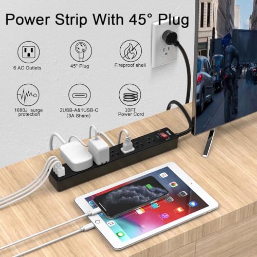 Image of 10 Ft Power Strip Surge Protector - Yintar Extension Cord with 6 AC Outlets and 3 USB Ports for Home, Office, Dorm Essentials, 1680 Joules, ETL Listed, Black