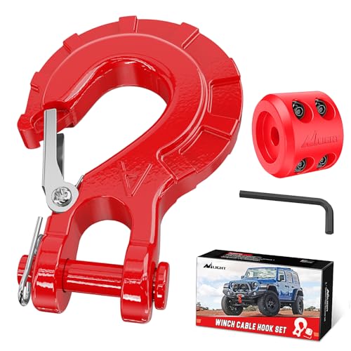 Nilight Forged Steel Winch Hook 3/8 Grade 70 Safety Latch Winch Cable Hook Stopper & Clevis Slip Hook Sets Included Allen Wrench Max 35 000 lbs Red