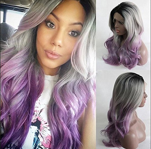 Cool2day Ombre Grey Bodywave Synthetic Lace Front Wig Glueless Long Natural Black/Silver Grey/Purple Heat Resistant Hair Wigs New