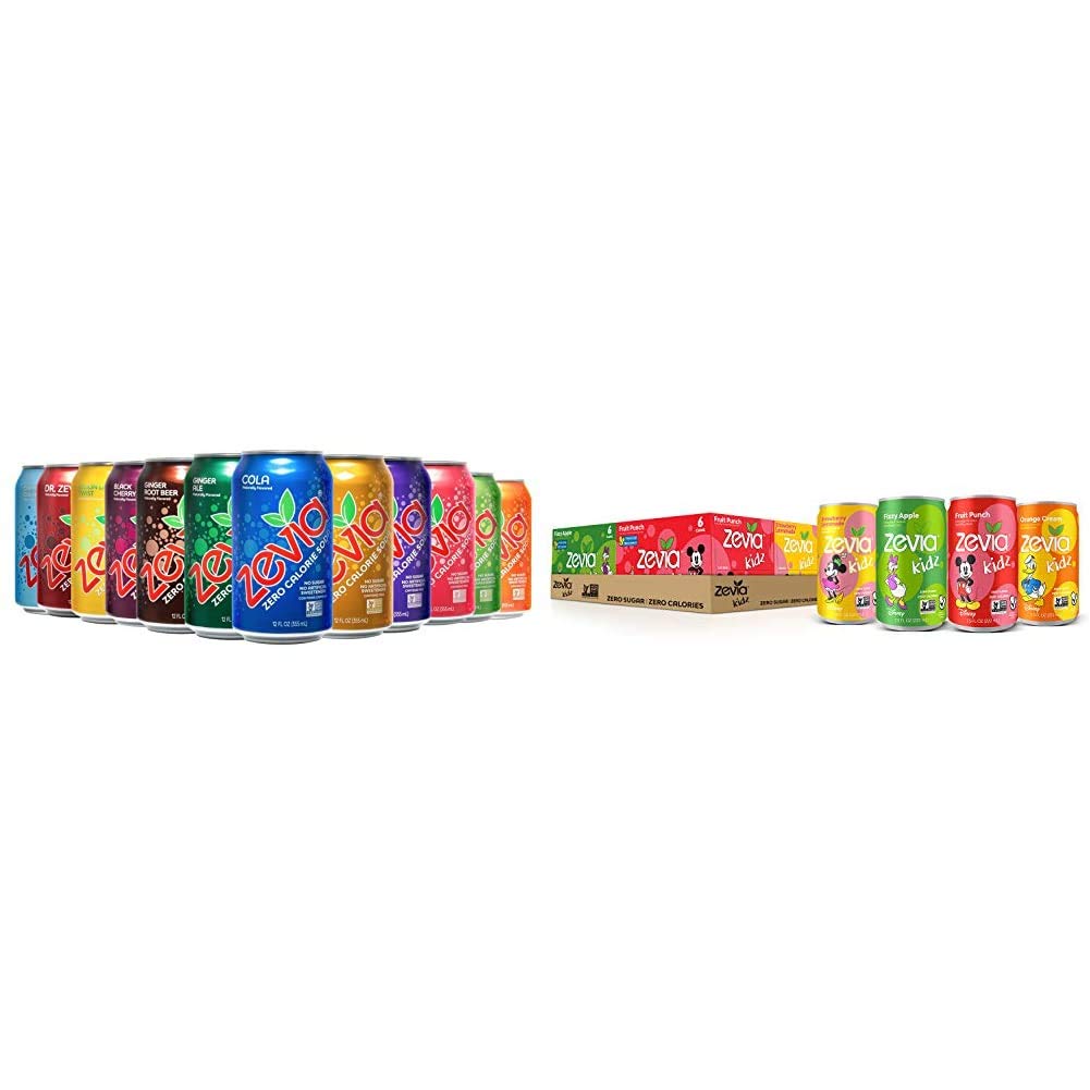 Zevia Zero Calorie Soda Variety Pack (24 Cans) and Zevia Kidz Sugar Free Sparkling Drinks Variety Pack (24 Cans)