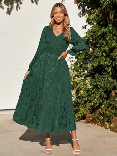 Simplee Womens Long Sleeve Smocked Maxi Dress Tiered V Neck Flowy Fall Wedding Guest Long Dresses with Pockets2