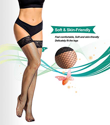 Image of Women's Hosiery Fishnet Tights Fishnet Stockings Thigh High with Lace Top (Black 2 pairs, S /M)