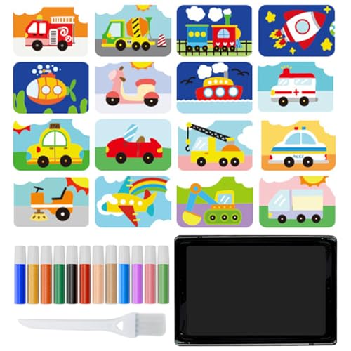 子供向けのサンドペインティング、剥がして貼るだけのサンドアート | カラー アート写真キット キッズ -砂絵の子供の手作りの色付き砂絵幼稚園赤ちゃんの教育スクラッチペイント着色おもちゃセット 12 色の砂、16 枚の皮を剥いて振りかける写真、1 つのトレイ