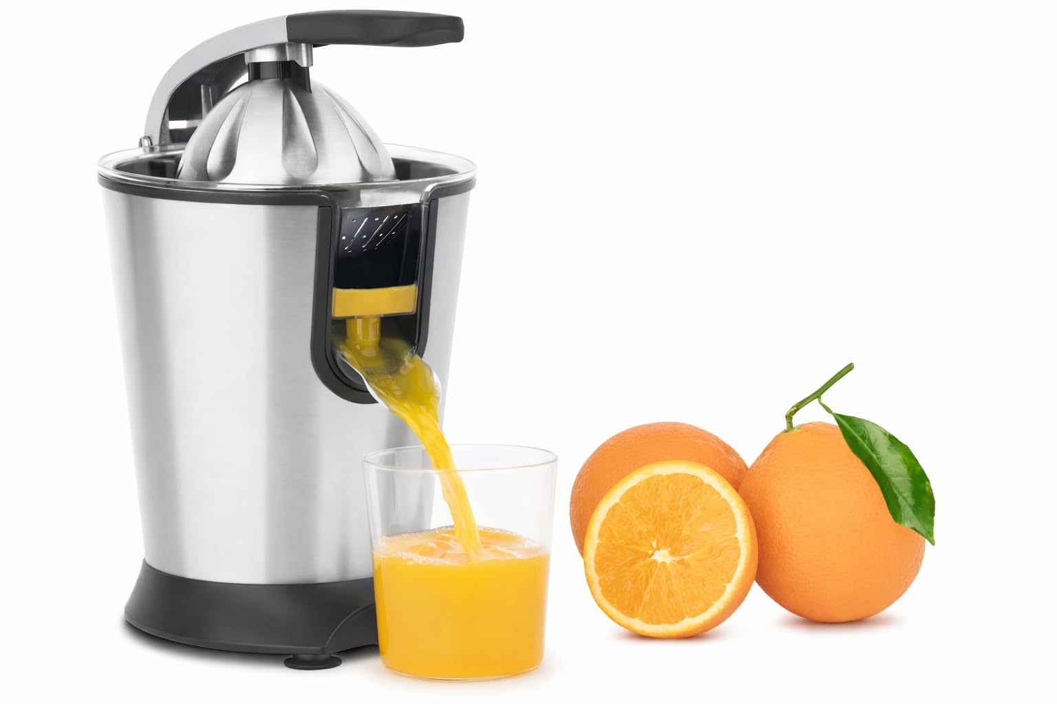 Exprimidor Eléctrico de Naranjas Profesional de 160 W, Palanca y Filtro de Acero Inoxidable, Sistema Antigoteo, Silencioso, Sin BPA, piezas aptas para lavavajillas