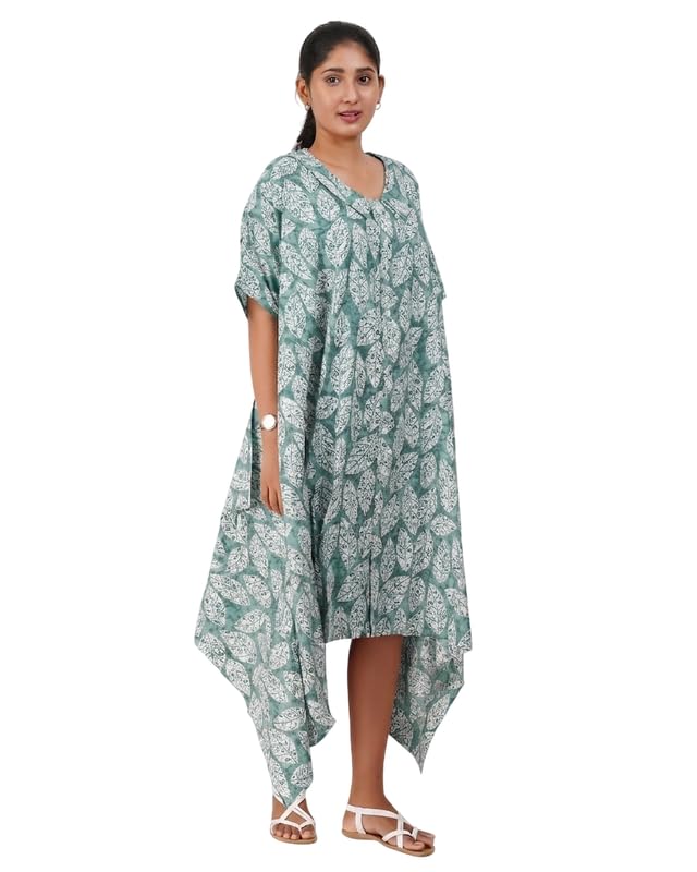 Image of MENMAII Women's Cotton Designer Dress|Fits up to 3XL| Front Open Button Down | Asymmetrical Hem | Chelsea Collar | Drop Shoulder | Flowy Loose Fit | Knee Length | Free Size [Pink Leaf]