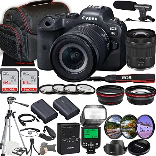 Canon EOS R6 Mirrorless Camera w/RF 24-105mm f/4-7.1 is STM Lens + 2X 64GB Memory + Microphone + Filters + TTL Flash + More (35pc Bundle)