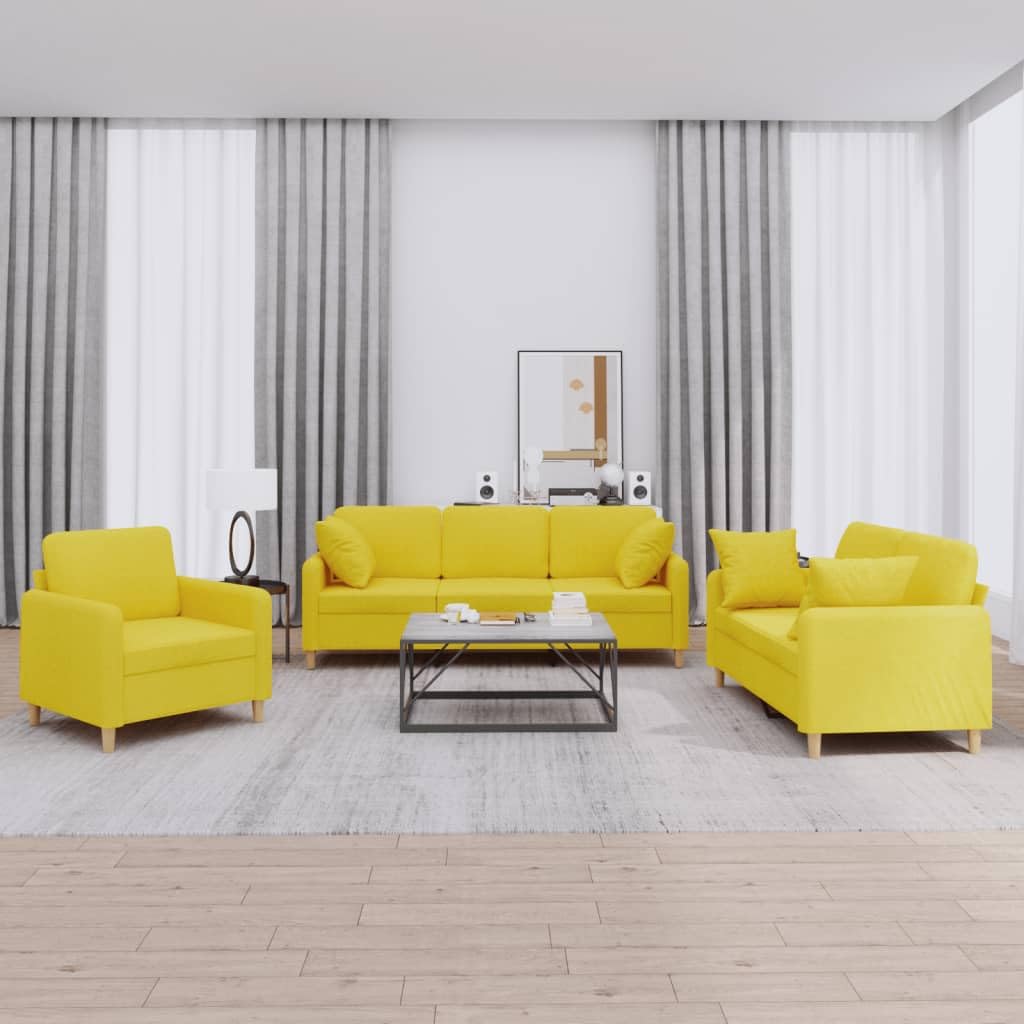 3-częściowy zestaw tapicerowany z poduszkami, jasnożółty materiał, sofa narożna, sofa do spania, dwuosobowa zestaw wypoczynkowy, funkcja relaksu, miejsce do przechowywania