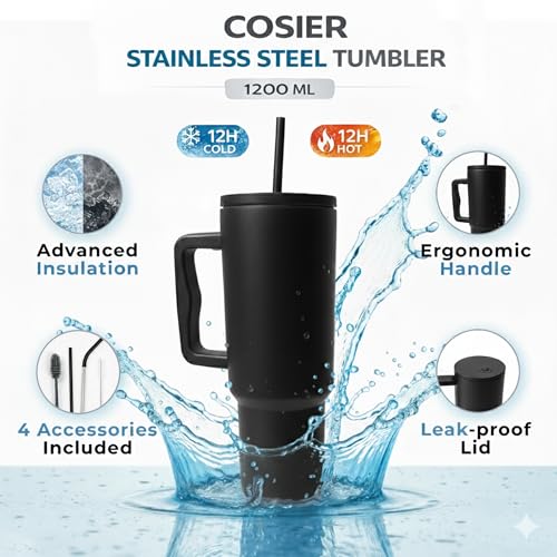 Image of Personalised 1200ml Insulated Stainless Steel Tumbler with Handle and Straw Lid - Large Travel Mug for Coffee & Water, Double Wall Vacuum Cup, Car Cupholder Friendly (Black)