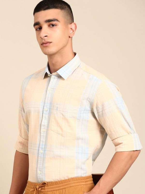 Image of Cavallo by Linen Club Men's Blended Linen Checked Contemporary Fit Full Sleeve Casual Shirt