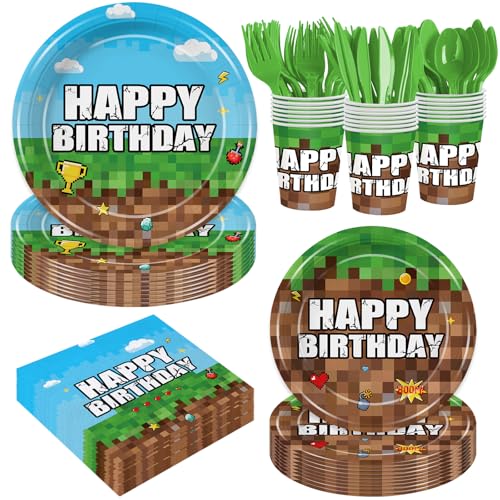 Green and Brown Party Decorations Mini Pixel Paper Plates and Napkins Video Game Themed Birthday Party Decorations Tableware Set for Kids Birthday Decor Serves 24