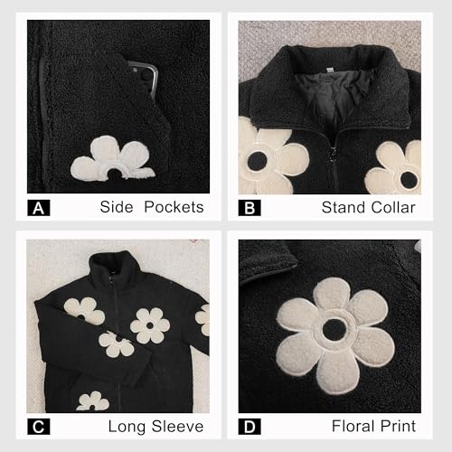 Maixang Womens Floral Print Sherpa Fleece Jackets Winter Zipper Cropped Coat Casual Long Sleeve Outwear with Pockets4