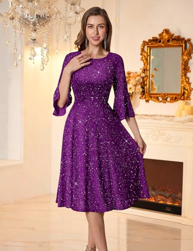 Image of HomRain Women's Church Dresses Modest Bell Sleeve Wedding Guest Cocktail Tea Party Vintage Evening Dress