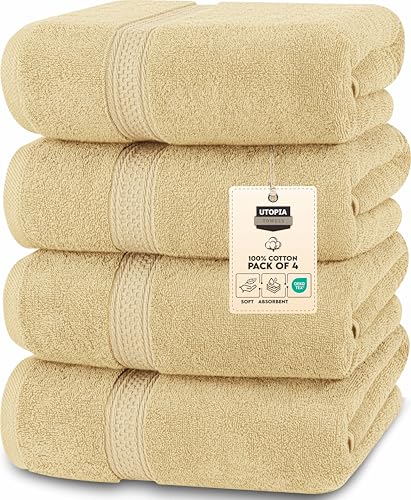 Utopia Towels 4 Pack Premium Bath Towels Set, 27 by 54 Inches, 100% Ring Spun Cotton 600GSM, Lightweight and Highly Absorbent Quick Drying Towels, Perfect for Daily Use, Beige