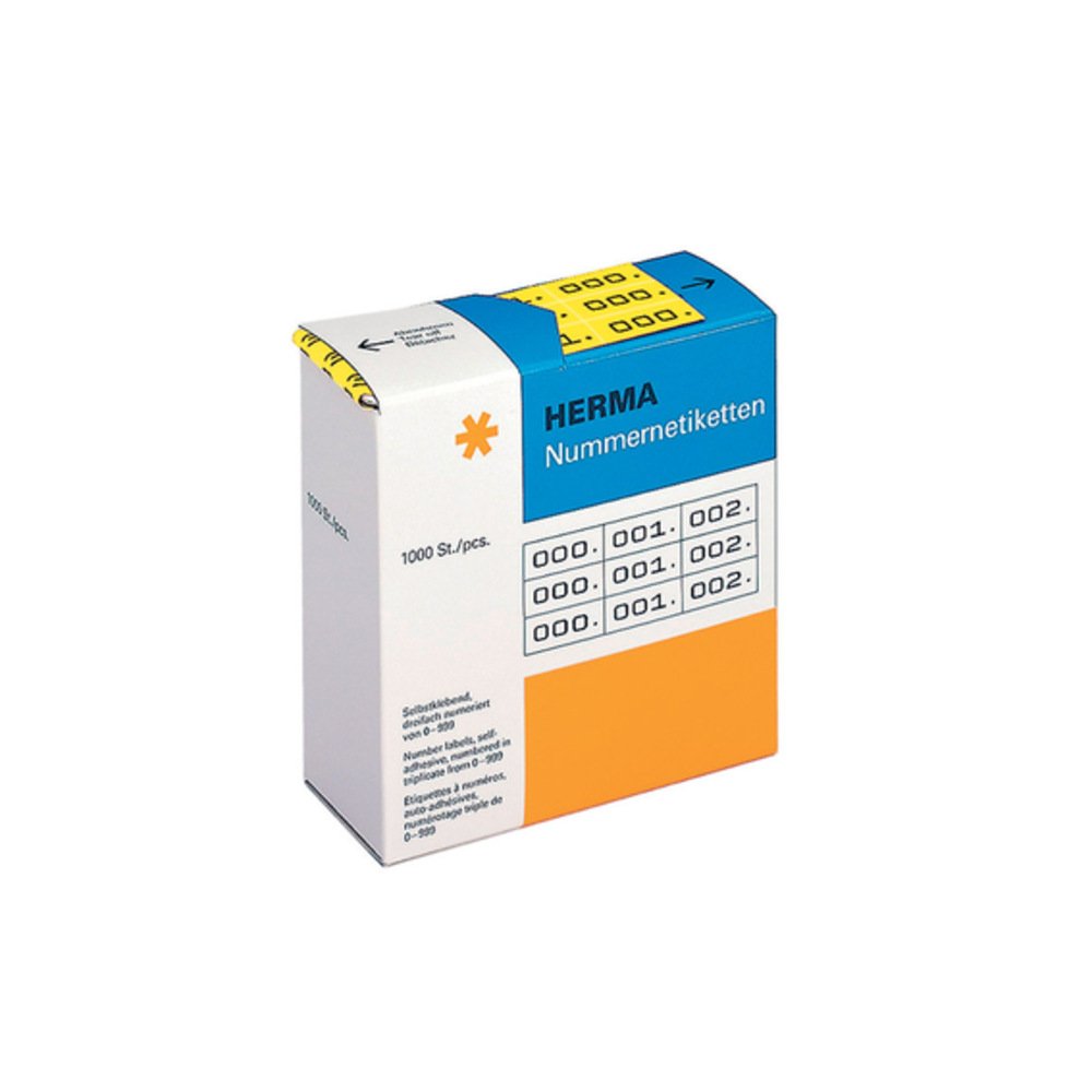 HERMA Number Labels 0-999, Triple, 3000 Pieces, 22 x 10 mm, Self-Adhesive, Matte, Triple Sequential Paper Number Labels, Asset Numbers in Dispenser Box, Yellow