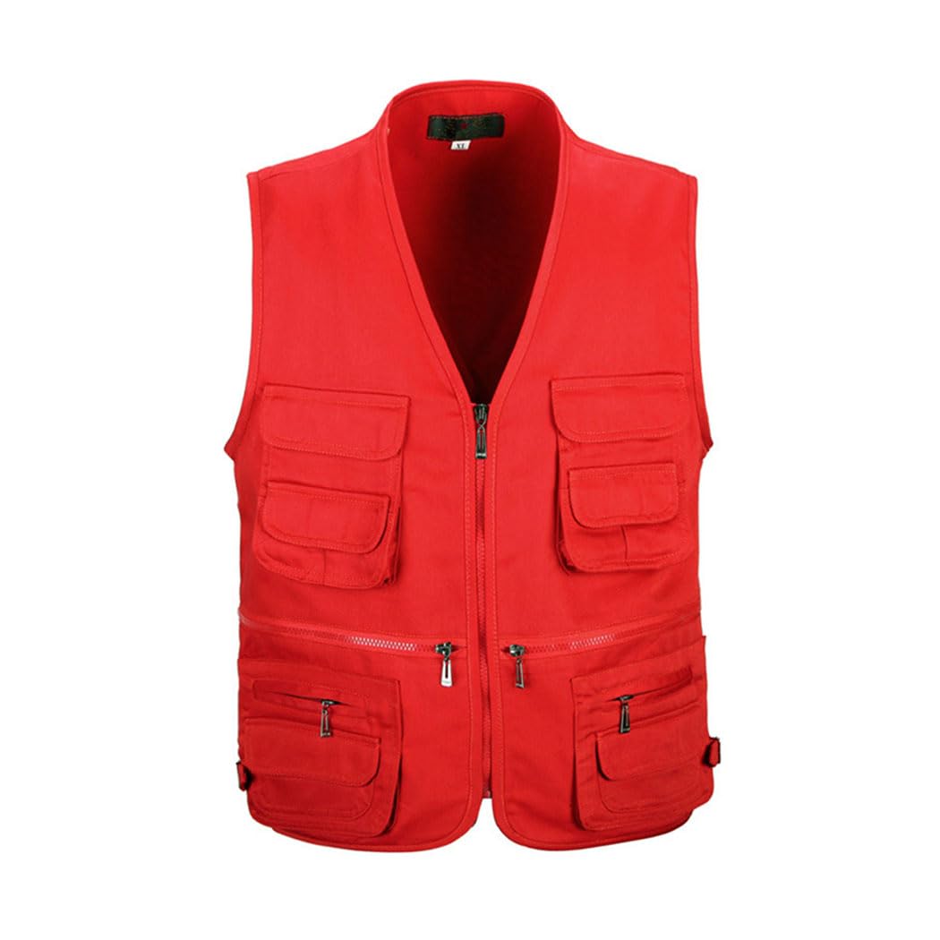 HZQIFEI Homme Multi-Poches Gilet De Pêche Gilet De Plein Air Veste Sans Manches Pour Veste De Sport Gilet Journaliste, Rouge, XXL