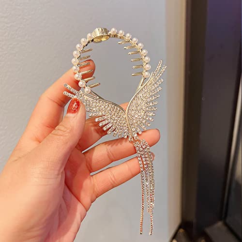 2 Pcs Tassel Ponytail Hairpin,Angel's Wings High Rise Ponytail Hair Buckle Hairpin Fashion Diamond Tassel Pendant Hair Clip Pearl Light Luxury Temperament Headwear Accessories #TOP3