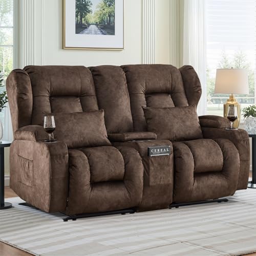 Image of Loveseat Recliner Sofa with Console,RV Wall Hugger Recliners for Small Spaces,Reclining Loveseat Sofa Recliner with Cup Holders /Lumbar Pillows,RV Furniture (Velvet Brown, 66 inch 2-Seater)