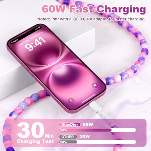 Image of HianDier USB C to USB C Cable 3.3FT Stylish Crystal Beads Jade Type C Charger Fast Charging Cord for Girls Women Compatible with iPhone 17 Air 16 Pro Max 15 for Galaxy S25 for iPad Pro-Pink Purple