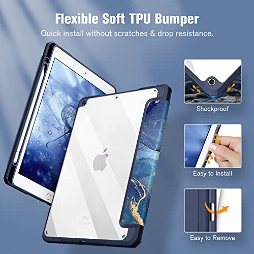 Image of Fintie Hybrid Slim Case for iPad 9th / 8th / 7th Generation (2021 /2020 / 2019) 10.2 Inch - [Built-in Pencil Holder] Shockproof Cover with Clear Transparent Back Shell, Ocean Marble