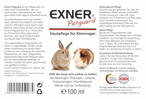 Exner Petguard Tierpflege für Nagetiere - Pflegemittel bei Juckreiz, Haarausfall, Entzündung, Parasiten, Räude, Milben & Pilzbefall - biologisch & natürlich - 100 ml Sprühflasche
