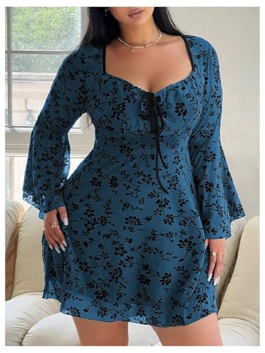 Image of Floerns Women's Plus Size Floral Gothic Dress Flare Long Sleeve Mesh Grunge A Line Dress